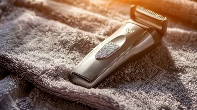 Electric hair clipper on gray towel with sunlight, grooming tool for hair cutting and styling.