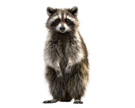 Alert raccoon standing upright, with intelligent eyes and detailed fur, perfect for wildlife projects and educational materials, isolated