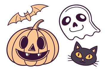 Fototapeta premium Cartoon pumpkin and bat above the ghost and cat evoke a Halloween mood
