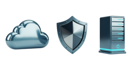Cloud computing concept: Internet security for business network server with shield icon and technology design on a laptop screen set of images on a transparent background