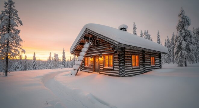 Rustic log cabin in a snowy winter landscape. Secluded forest retreat at sunset with warm glowing windows. Scandinavian holiday getaway concept for peaceful travel and tourism
