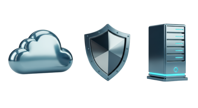 Cloud computing concept: Internet security for business network server with shield icon and technology design on a laptop screen set of images on a transparent background