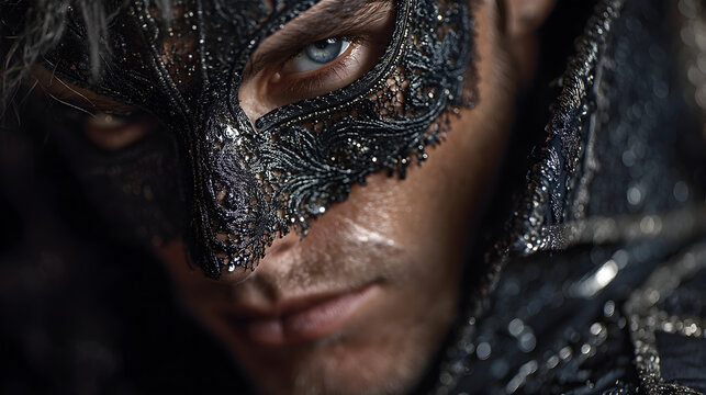 Man wearing black lace masquerade mask with blue eyes - Powered by Adobe