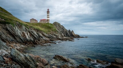 Waves crash against rugged rocks while a lighthouse stands tall on the cliffs. Dark clouds loom above the horizon, creating a dramatic coastal scene.