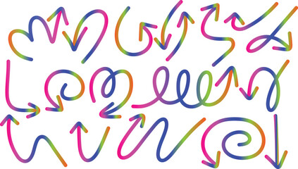 Assortment of 20 colorful gradient hand-drawn arrows and swirls abstract background