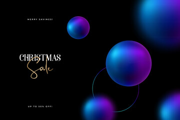 Colorful spheres float against dark backdrop, creating festive atmosphere for promotions. Design for holiday headers, banners, party invitations.