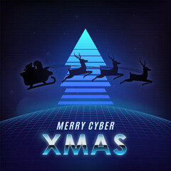 Futuristic holiday scene with Santa's sleigh, reindeer, and neon triangles. Vector template for social media, social network, stories.