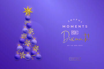 Stylish Christmas tree design with purple ornaments and golden accents creates festive atmosphere. Design poster shopping store, shop discount banner.