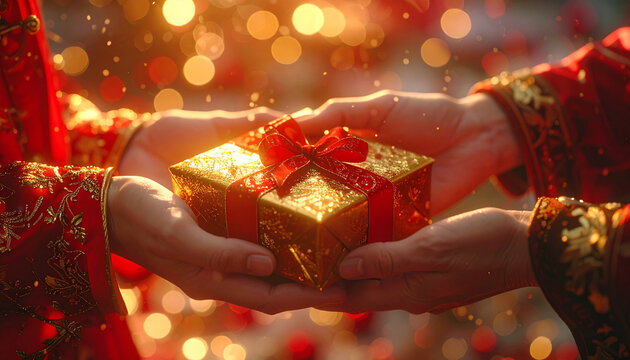Golden Gift Exchange: Two hands elegantly pass a glittering gift box, tied with a vibrant red ribbon, evoking feelings of generosity and connection in a warm, festive ambiance.