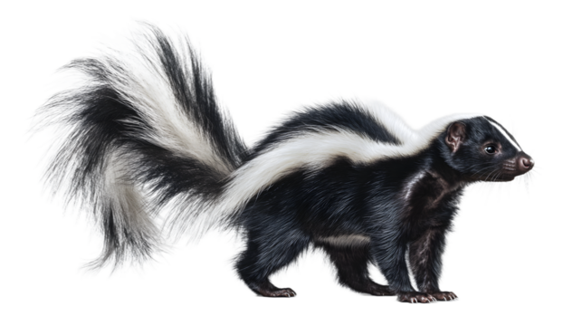 Striking skunk illustration with detailed fur texture, perfect for wildlife projects, educational resources, and nature-themed designs.