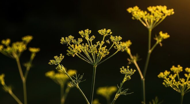 Flowering dill plant with yellow umbels in golden sunlight. Aromatic culinary herb for seasoning. Botanical macro view of a garden plant. Natural organic food concept