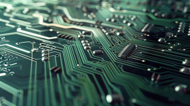 Close-up of a green circuit board with intricate patterns, electronic components, and metallic connections. Represents technology and innovation.