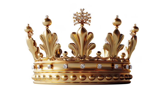 A golden royal crown adorned with diamonds, isolated on transparent background