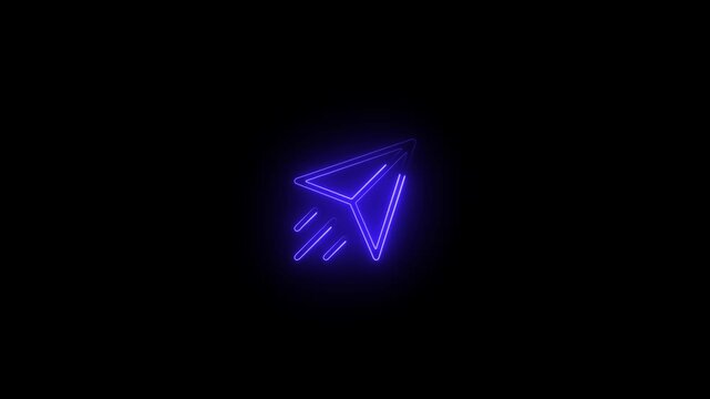 High impact blue neon paper rocket icon with dark background. Stunning glowing neon paper plane icon Neon line glowing neon simple rocket icon animation black background .
