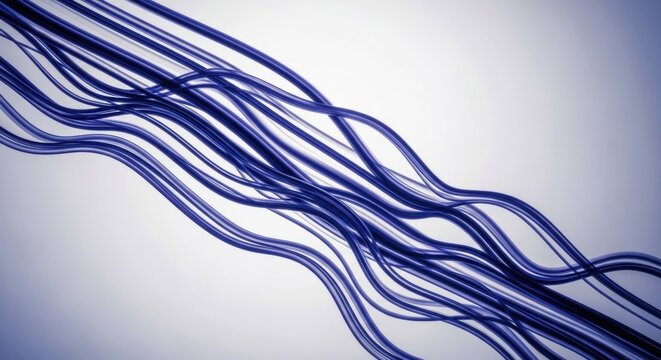 Abstract blue data cables in motion. Digital information stream and network connectivity. Futuristic fiber optic technology concept. Corporate communication and global business infrastructure
