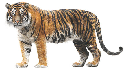 Fototapeta premium Majestic tiger stands proud, showcasing striking stripes and intense gaze, perfect for wildlife and conservation projects.