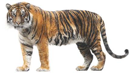 Majestic tiger stands proud, showcasing striking stripes and intense gaze, perfect for wildlife and conservation projects.