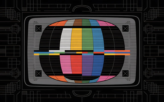 A retro television broadcasts a vibrant SMPTE color bars test pattern for signal calibration