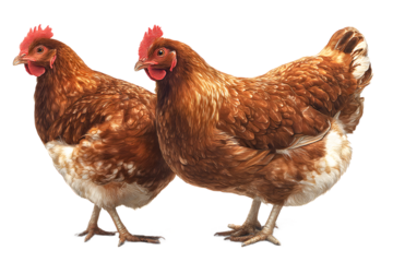 Two vibrant brown hens stand together, perfect for farm, food, or agriculture projects, conveying natural beauty.
