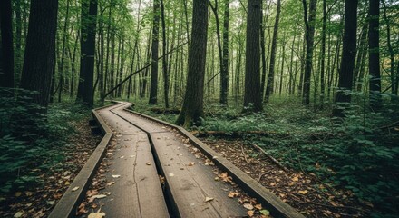 A winding wooden pathway through a dense green forest. The concept of a journey and finding direction. Business strategy and career path metaphor. Eco tourism and outdoor adventure