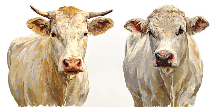 Stunning artistic portraits of two Charolais cows, showcasing detailed textures and a serene, rustic aesthetic for commercial use