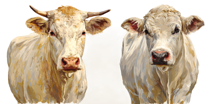 Stunning artistic portraits of two Charolais cows, showcasing detailed textures and a serene, rustic aesthetic for commercial use