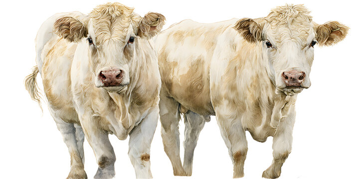Two majestic Charolais cows standing together, showcasing their beautiful cream coats and gentle presence, perfect for agricultural designs - Powered by Adobe