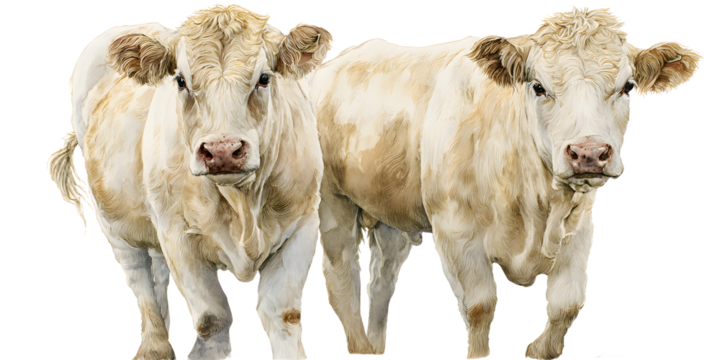 Two majestic Charolais cows standing together, showcasing their beautiful cream coats and gentle presence, perfect for agricultural designs