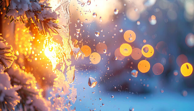 Winter's Warmth: A dreamy view of ice crystals melting, creating a spectacle with the golden rays of the sun, all viewed through a window creating a warm cozy feeling.