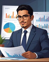 Cartoon-style illustration of a businessman analyzing charts