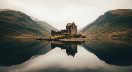 Historic Scottish castle on a tranquil loch. Majestic highland landscape with mountain reflections. Epic travel destination for tourism. Moody and atmospheric scenery with perfect symmetry