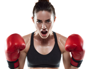 Fierce female boxer ready for intense training, showcasing strength and determination in vibrant red gloves