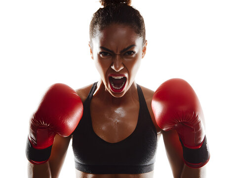 Fierce female boxer ready for battle, showcasing determination and strength with red boxing gloves and intense focus