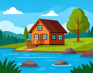 Cartoon-style illustration of a cabin near a lake with surrounding trees