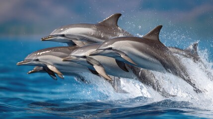 Fototapeta premium A group of dolphins leaps gracefully from the sparkling ocean water under a bright sky. The scene captures the playful nature of these marine animals in a vibrant setting.