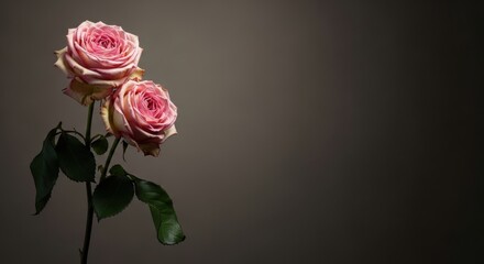 Fototapeta premium Two elegant pink roses with wilting petals on a single stem. Minimalist floral art with dramatic studio lighting. A concept of passing time fragility and memory. Design with copy space