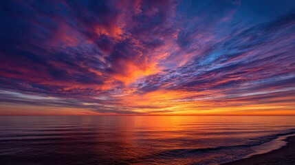 Fototapeta premium Vibrant sunset colors fill the sky as soft waves gently lap at the shore. The horizon glows with oranges and purples, creating a serene atmosphere.