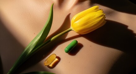 Holistic health concept with natural supplements. Yellow tulip and vitamin pills on female body. Herbal medicine for beauty and wellness. Skincare and dietary nutrition advertising