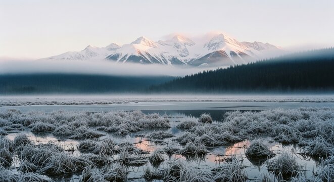 Majestic winter mountain range at sunrise. Foggy valley with a frozen lake and frosted grass. Serene wilderness landscape for travel and exploration. Natural beauty concept - Powered by Adobe