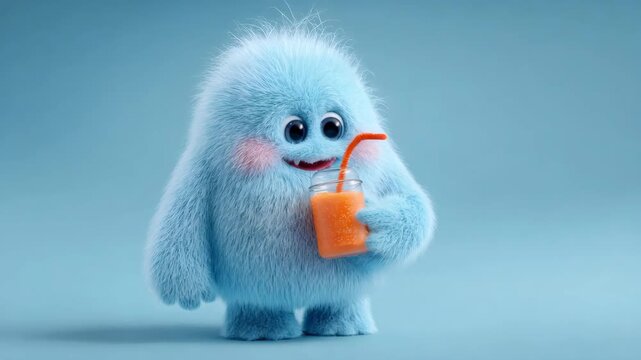 Adorable fluffy monster cartoon character drinking orange juice from a straw, animated sequence for kids entertainment and happy moments