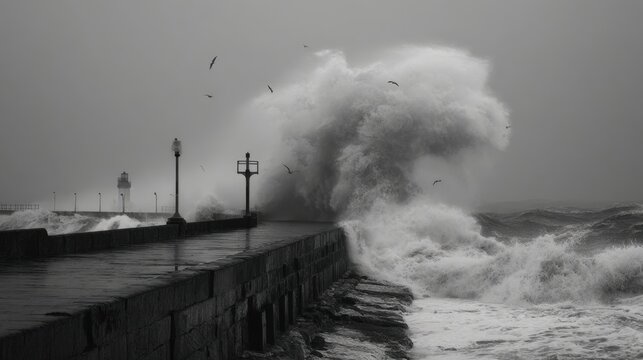 Powerful waves hit a stone pier while birds fly above under overcast skies. The scene captures the intensity of a storm at the seaside.