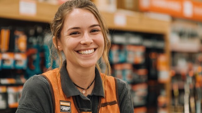 In a busy retail environment, a young woman wearing a work uniform smiles warmly at customers. She showcases a positive attitude while assisting in the store's various sections.
