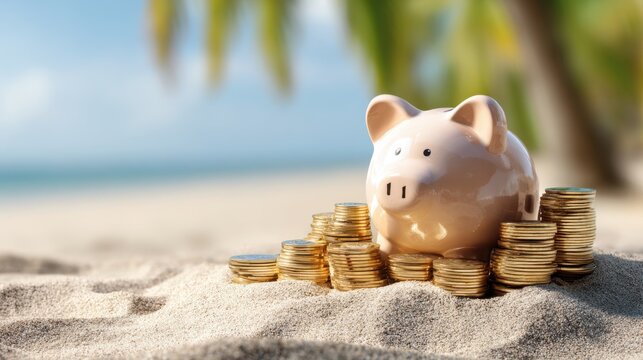 A piggy bank sits on a sandy beach, surrounded by stacks of coins. The clear blue sky and palm trees in the background create a peaceful, sunny day atmosphere. - Powered by Adobe