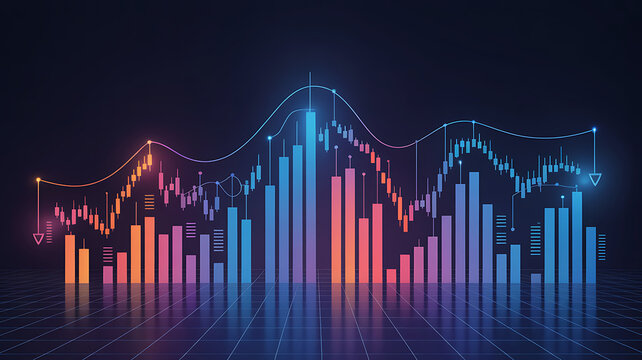Neon glowing bar chart and candlestick graph on dark grid background candlestick chart