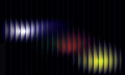  Ripple wavy texture with color gradient on dark background diagonal light streaks. Futuristic distortion, abstract, moody glow, reeded vertical blur. Vector illustration