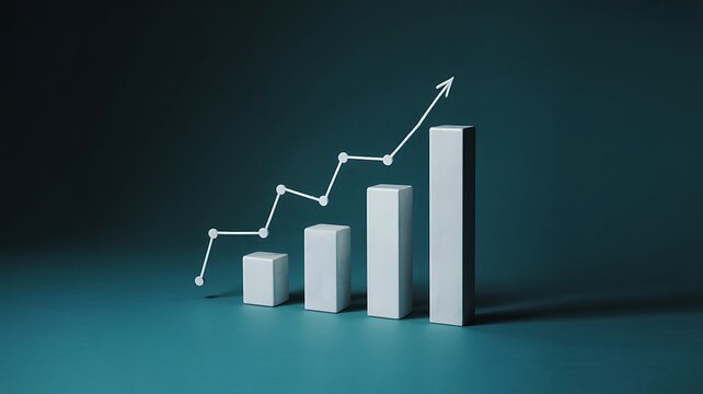 Growth Chart Vector – 3D Bar Graph with Line Trend & Upward Arrow on Teal Background for Business & Data Design