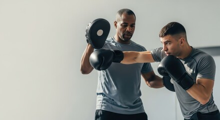 Boxing coach training young athlete with punch mitts