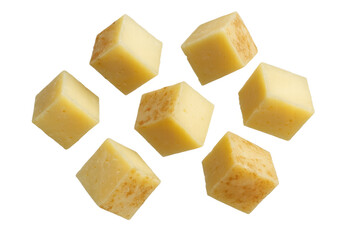 Falling cheese cubes on transparent background. Fresh diced dairy product, savory milk snack food