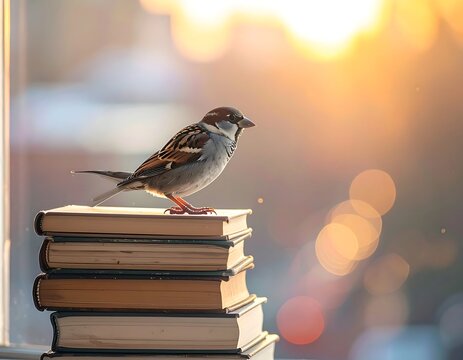 A small bird perched atop a stack of books, bathed in golden sunlight