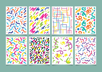 A vibrant collection of eight retro-inspired abstract patterns with colorful geometric shapes, squiggles, dots, and lines, perfect for modern design projects.